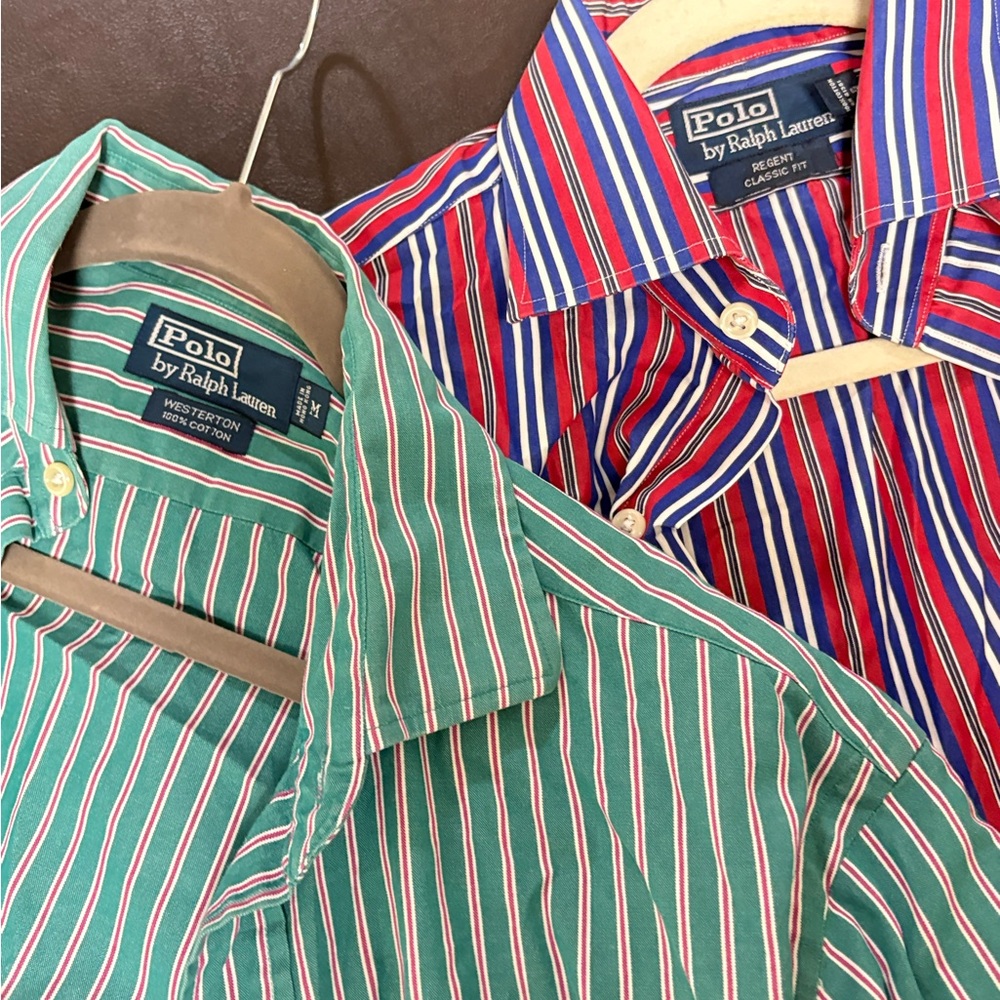 Polo Ralph Lauren Men's Medium Striped Button Down Shirts - Green and Red (M)